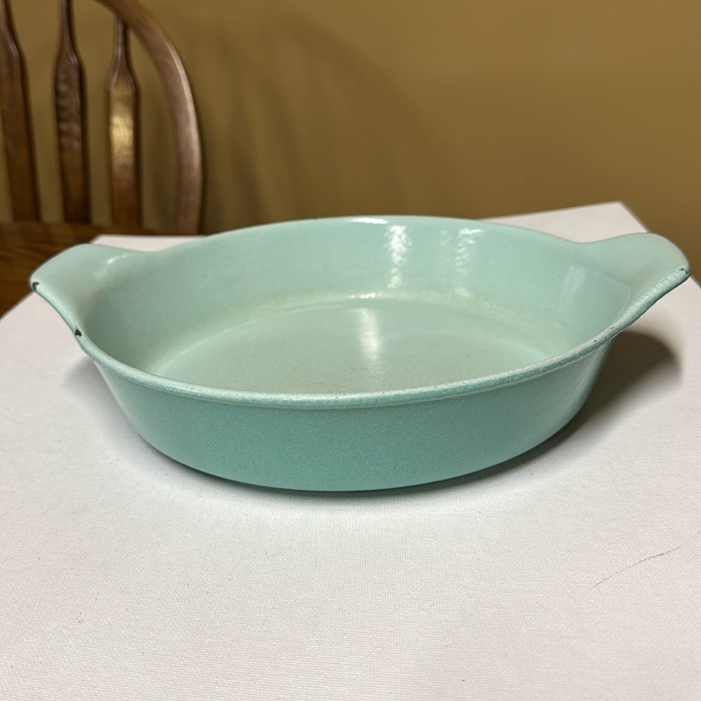 Prizer-Ware Double Handled Turquoise Blue Cast Iron Enamel Baking Dish RE 4